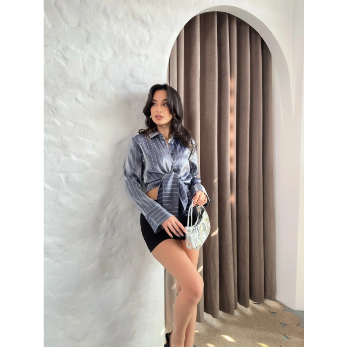 Bağlama Detaylı Çizgili Crop Gömlek Antrasit