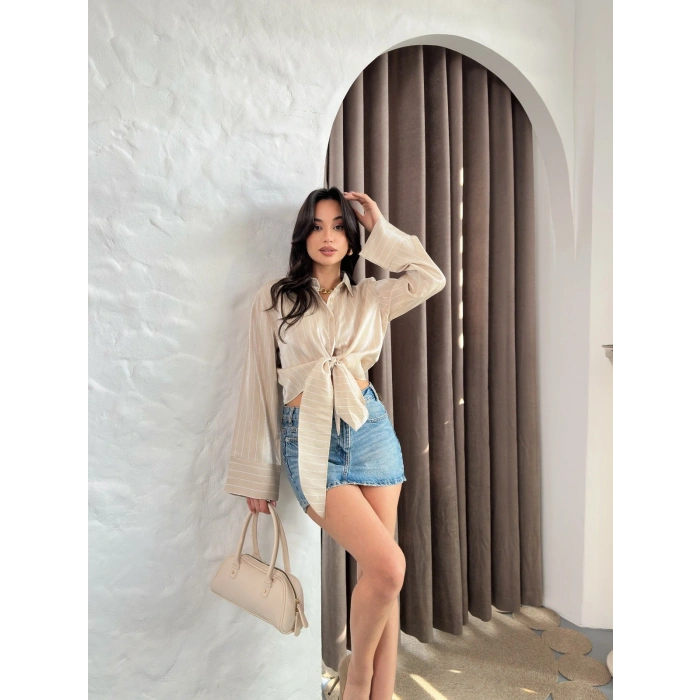 Bağlama Detaylı Çizgili Crop Gömlek Krem