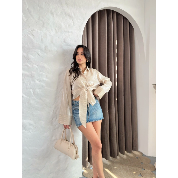 Bağlama Detaylı Çizgili Crop Gömlek Krem