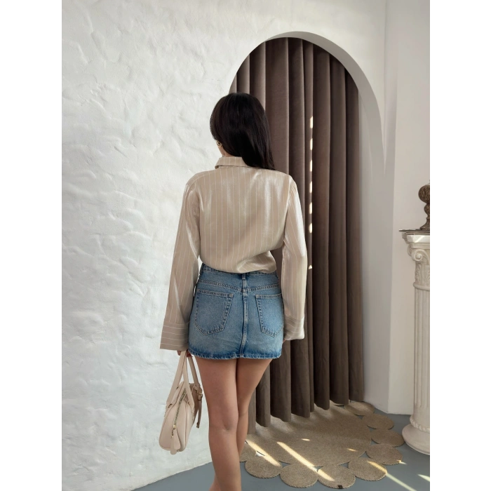 Bağlama Detaylı Çizgili Crop Gömlek Krem