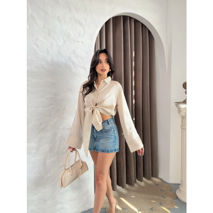 Bağlama Detaylı Çizgili Crop Gömlek Krem