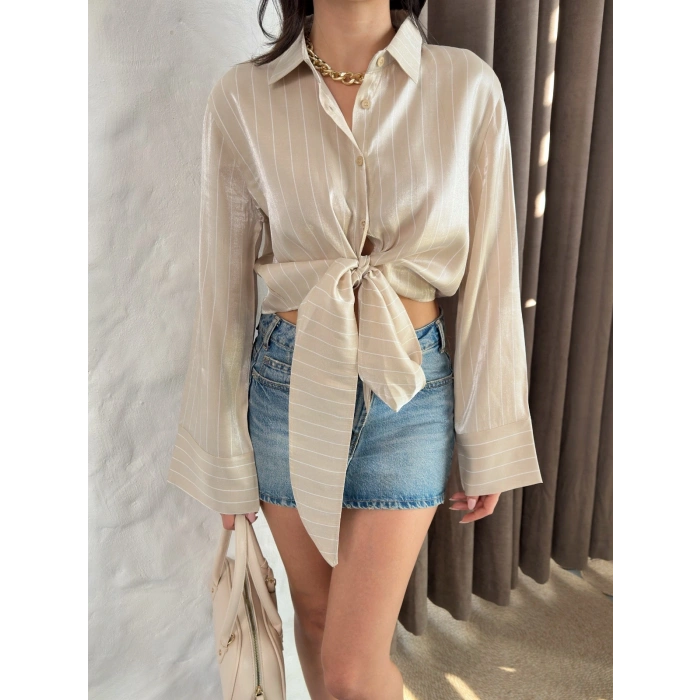 Bağlama Detaylı Çizgili Crop Gömlek Krem