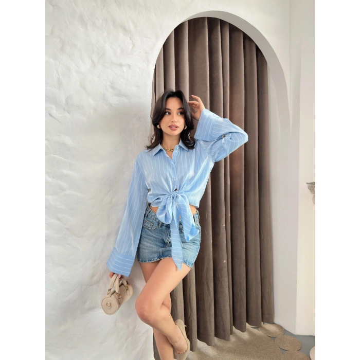 Bağlama Detaylı Çizgili Crop Gömlek Mavi