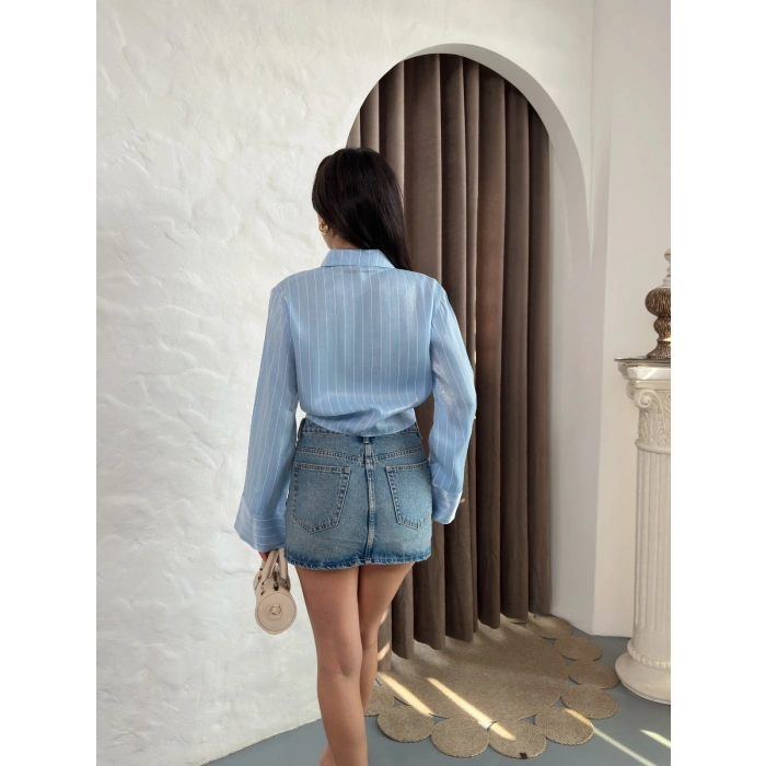 Bağlama Detaylı Çizgili Crop Gömlek Mavi