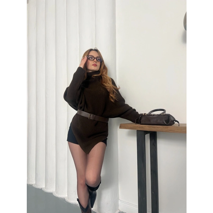 Balıkçı Asimetrik Detay Triko Kazak Acı Kahve