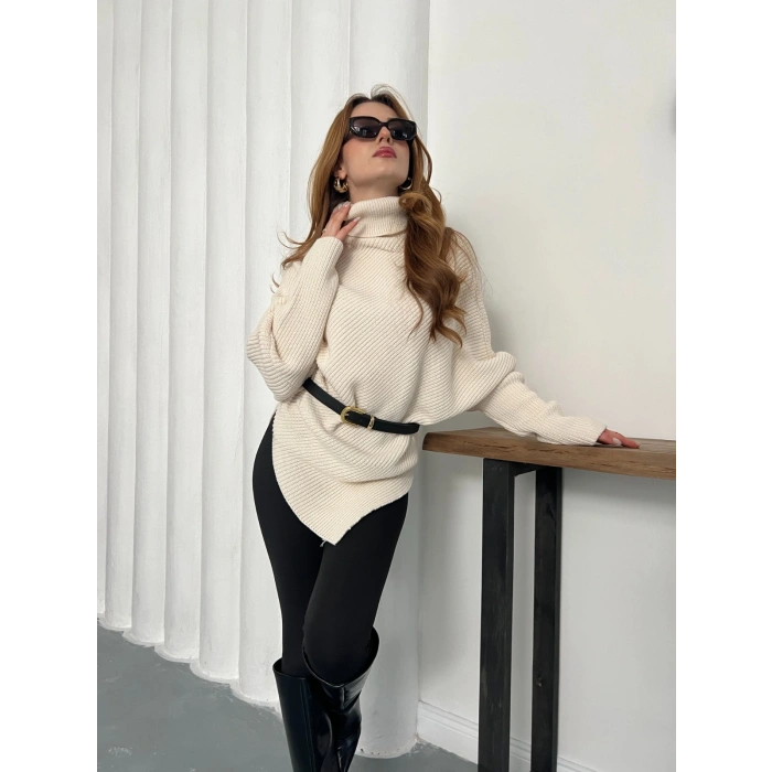Balıkçı Asimetrik Detay Triko Kazak Bej