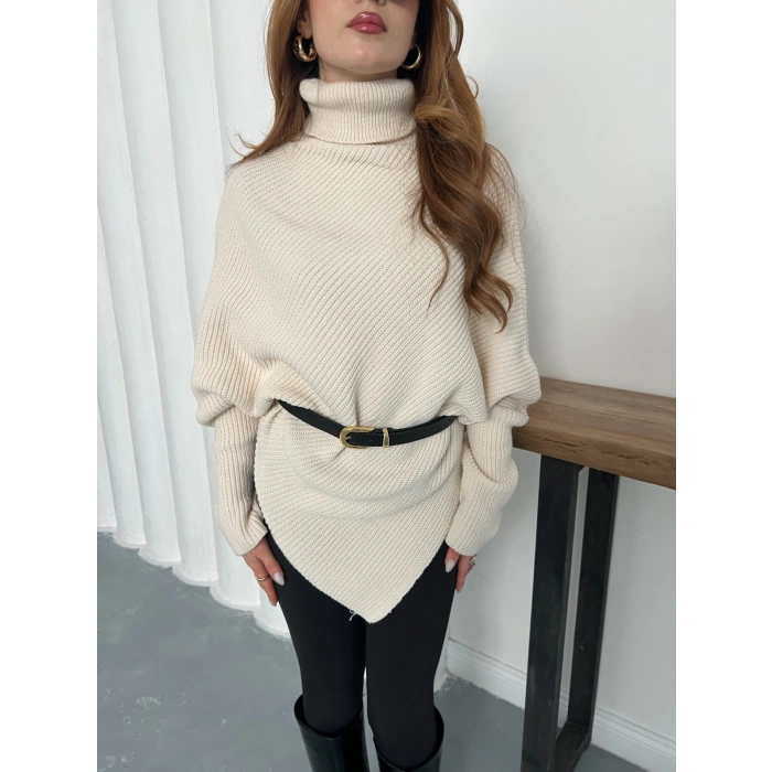 Balıkçı Asimetrik Detay Triko Kazak Bej