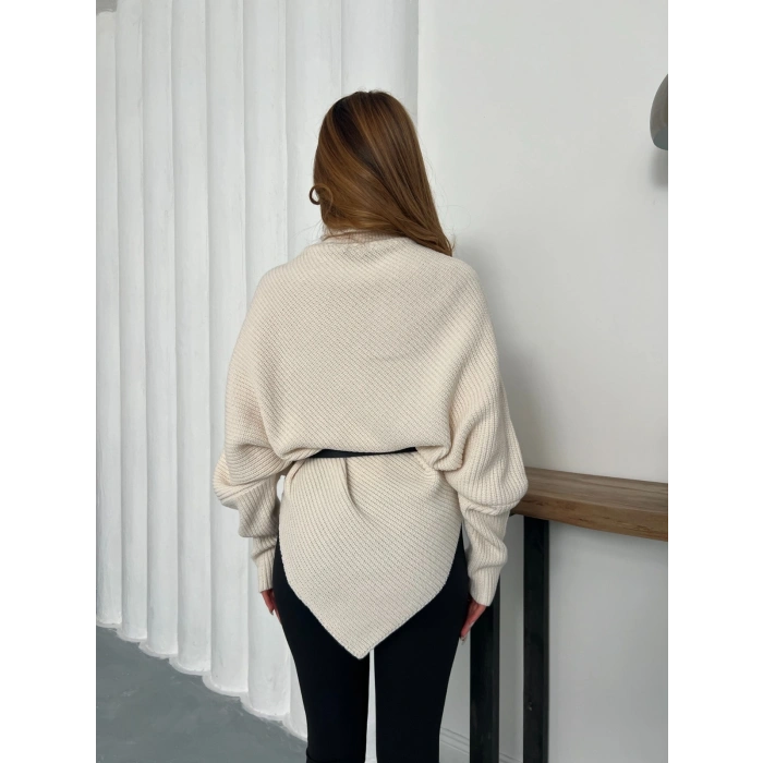 Balıkçı Asimetrik Detay Triko Kazak Bej