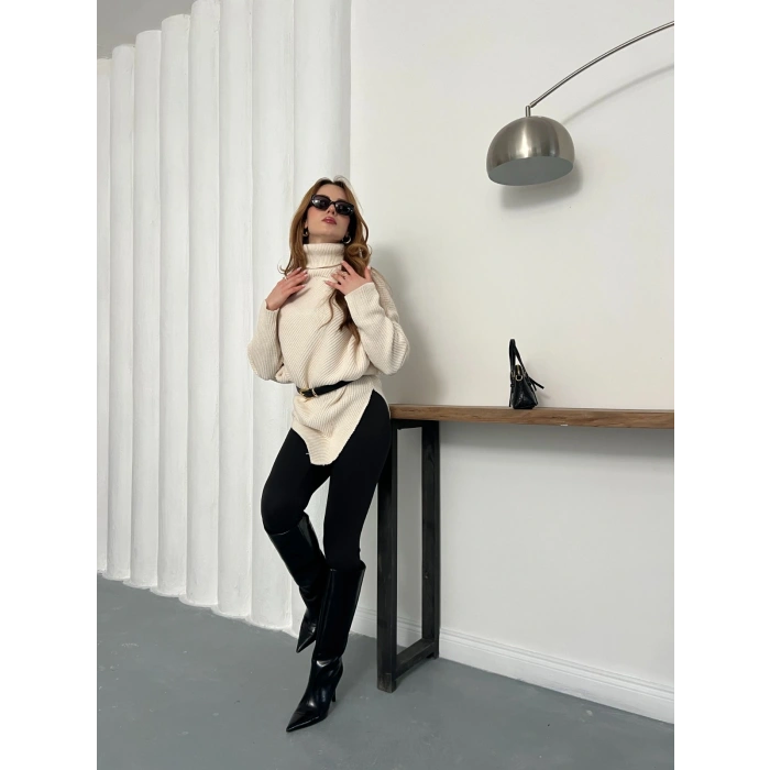 Balıkçı Asimetrik Detay Triko Kazak Bej