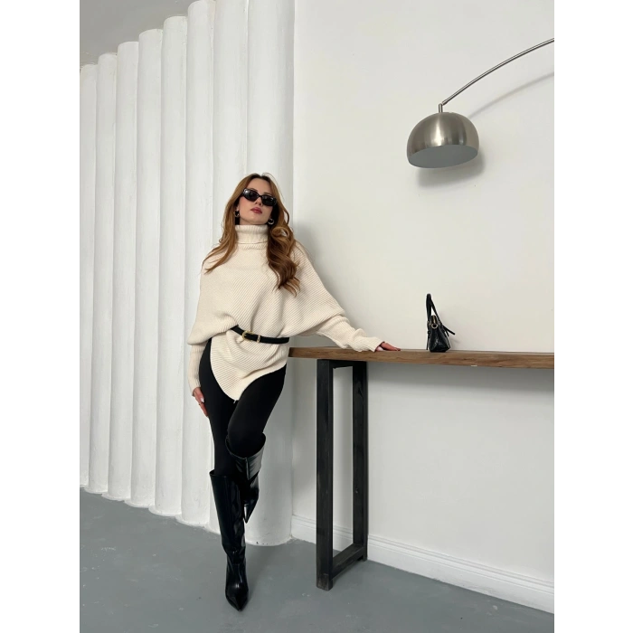 Balıkçı Asimetrik Detay Triko Kazak Bej