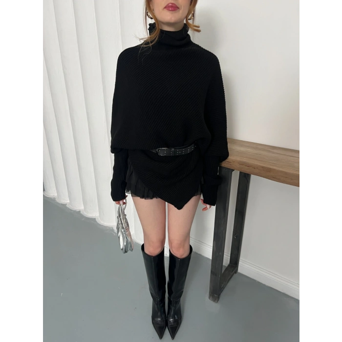 Balıkçı Asimetrik Detay Triko Kazak Siyah