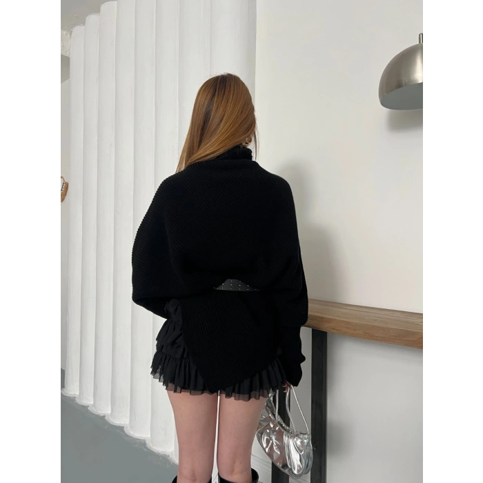 Balıkçı Asimetrik Detay Triko Kazak Siyah