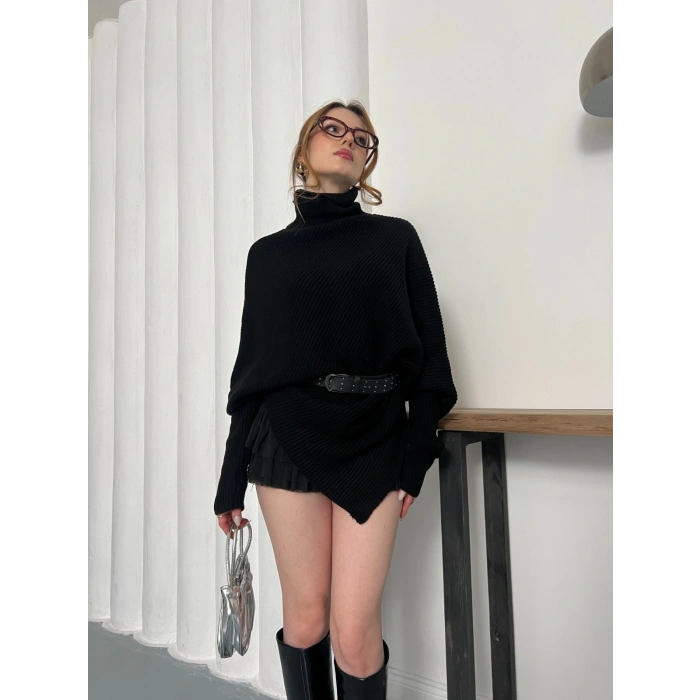 Balıkçı Asimetrik Detay Triko Kazak Siyah