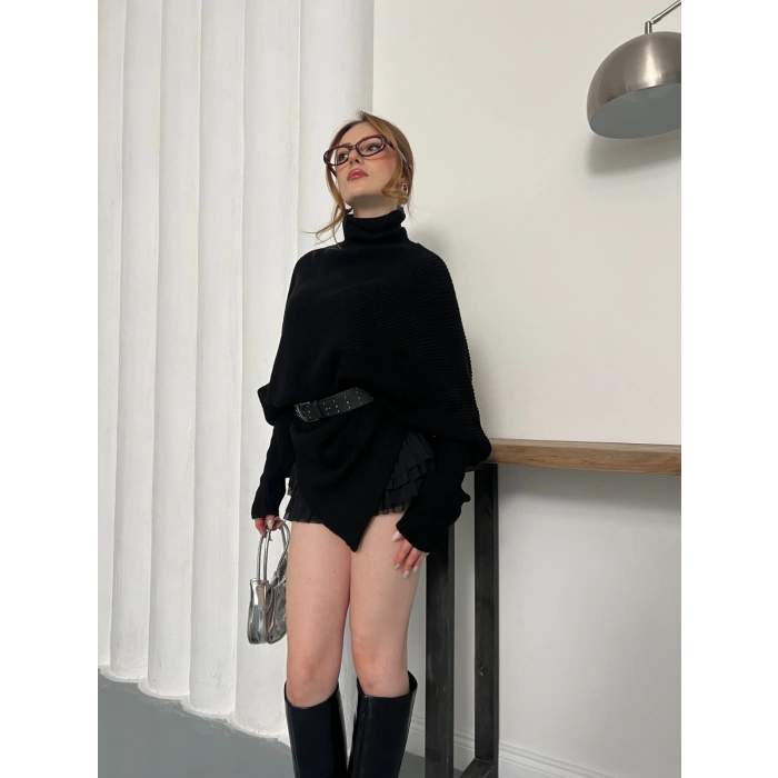 Balıkçı Asimetrik Detay Triko Kazak Siyah