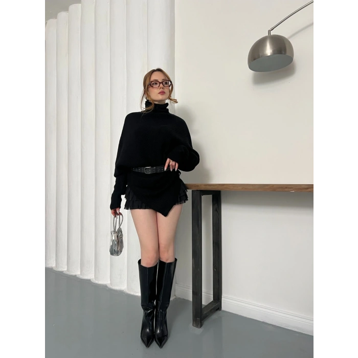 Balıkçı Asimetrik Detay Triko Kazak Siyah