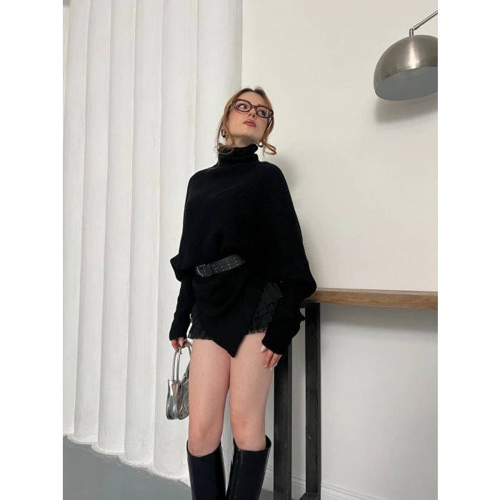 Balıkçı Asimetrik Detay Triko Kazak Siyah