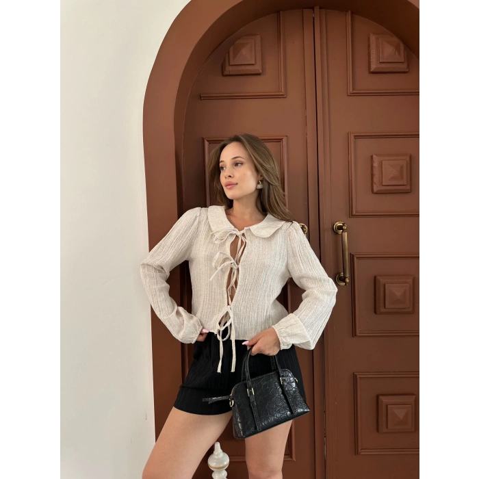 Bebe Yaka Bağlama Detay Keten Gömlek Bej