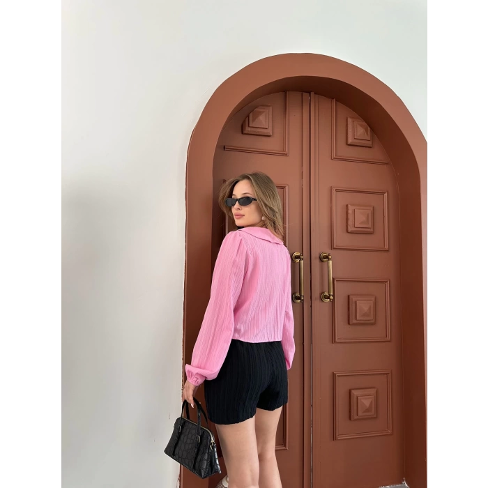 Bebe Yaka Bağlama Detay Keten Gömlek Pembe