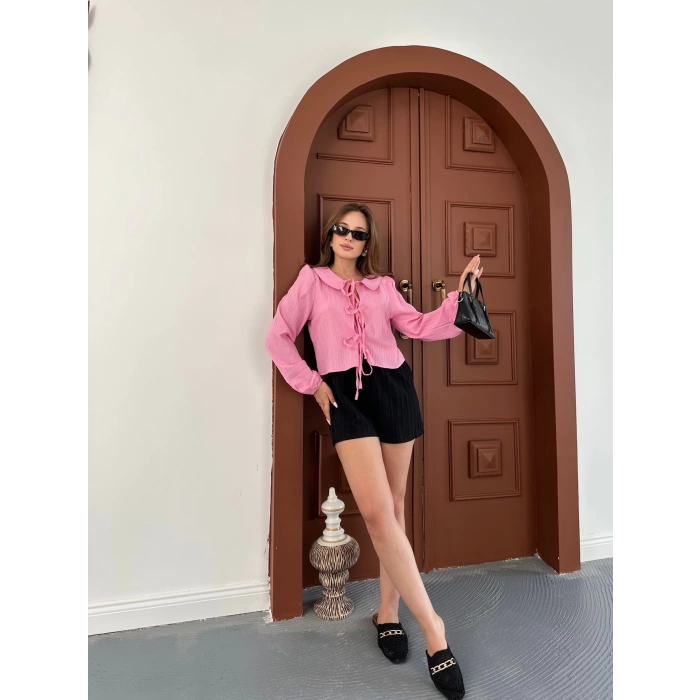 Bebe Yaka Bağlama Detay Keten Gömlek Pembe