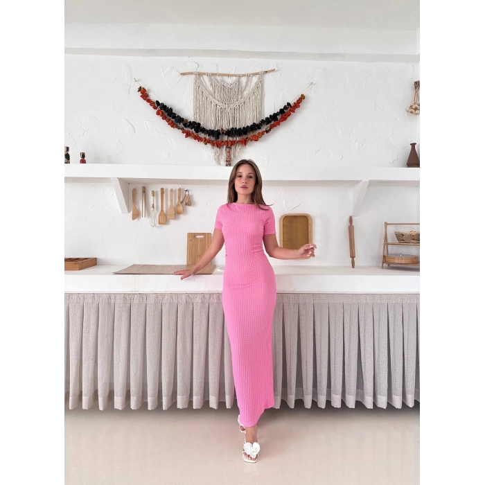 Bel Büzgü Detay Gofre Elbise Pembe