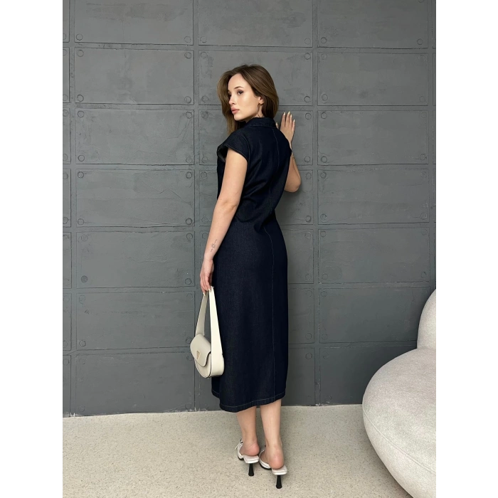 Bel Büzgü Detaylı Denim Elbise Siyah