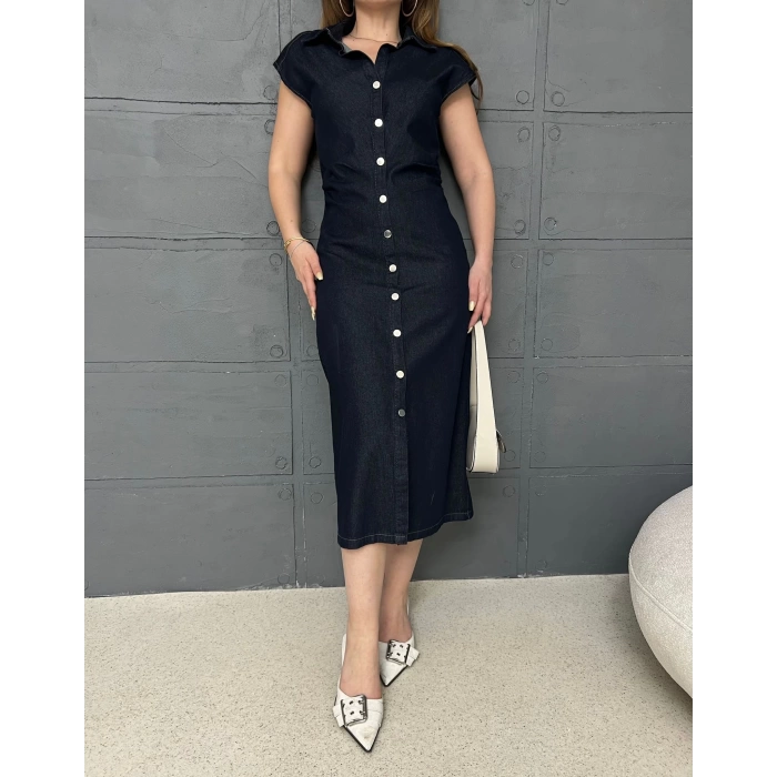 Bel Büzgü Detaylı Denim Elbise Siyah