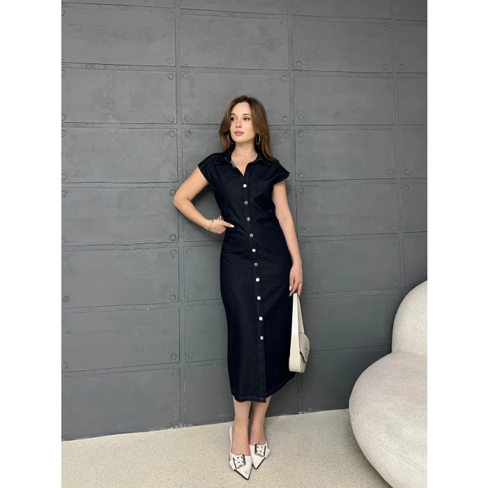 Bel Büzgü Detaylı Denim Elbise Siyah