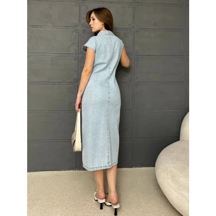 Bel Büzgü Detaylı Denim Elbise Mavi