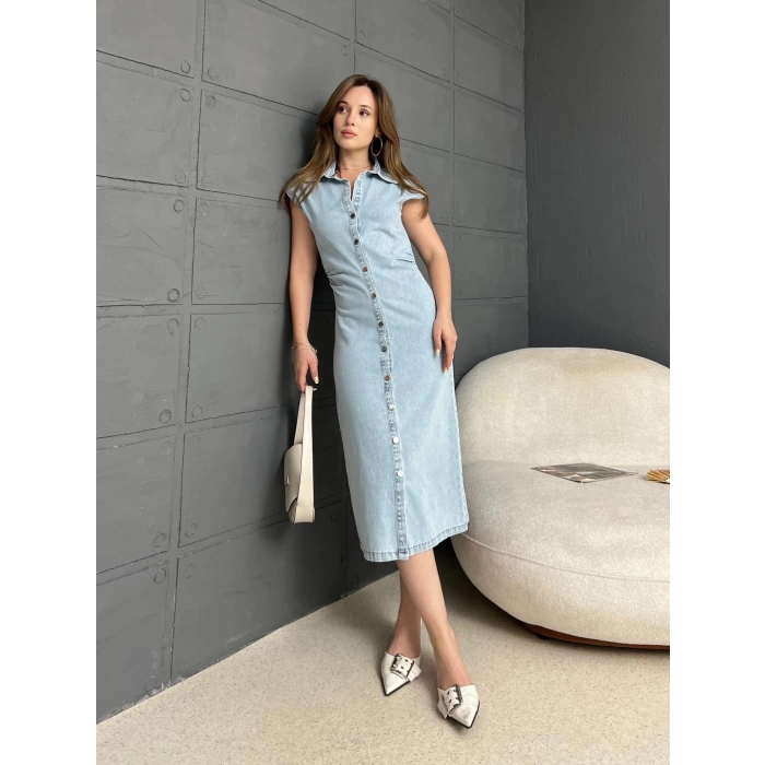 Bel Büzgü Detaylı Denim Elbise Mavi