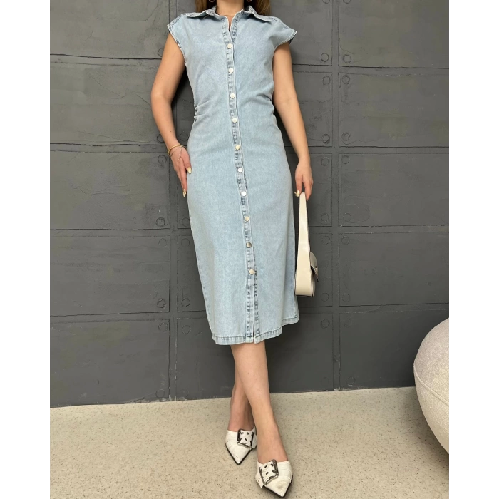Bel Büzgü Detaylı Denim Elbise Mavi