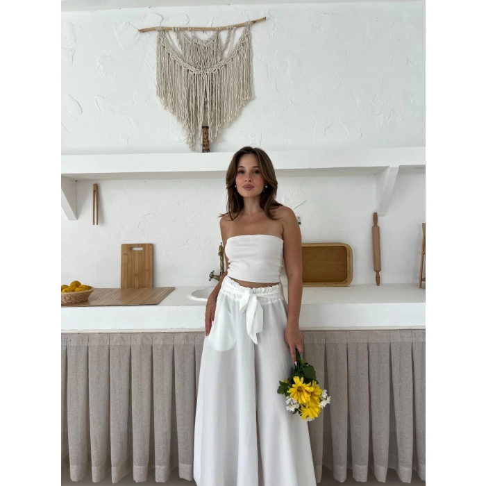 Bel Kuşak Detaylı Pantolon Etek Beyaz
