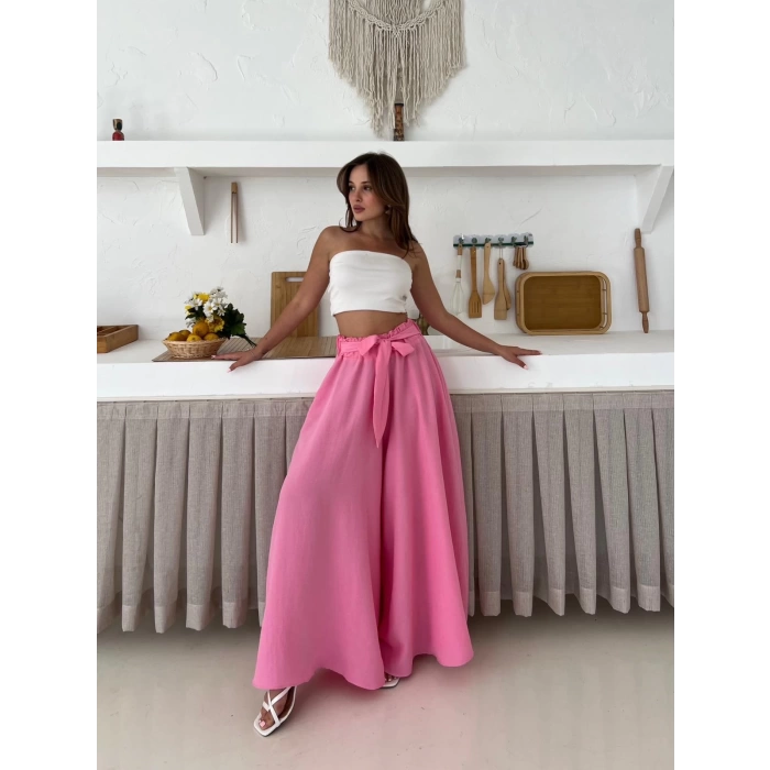 Bel Kuşak Detaylı Pantolon Etek Pembe