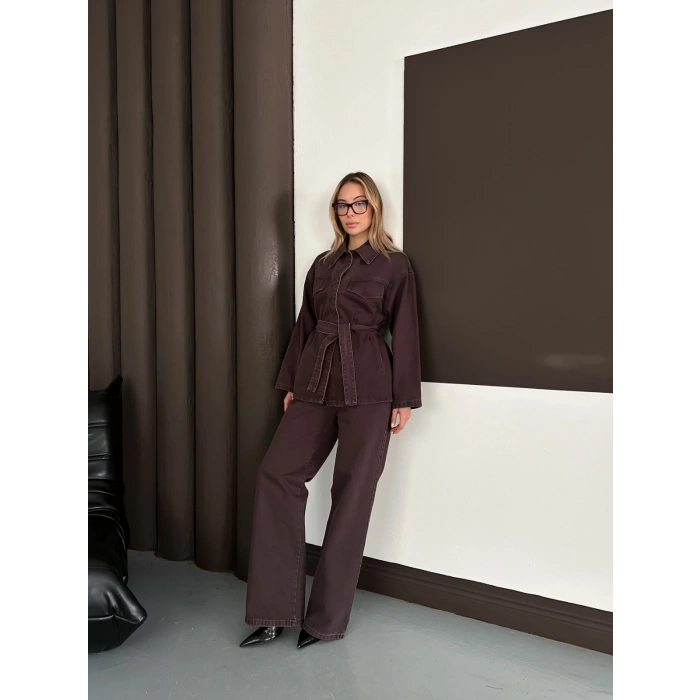 Bel Kuşaklı Denim İkili Set Takım Acı Kahve