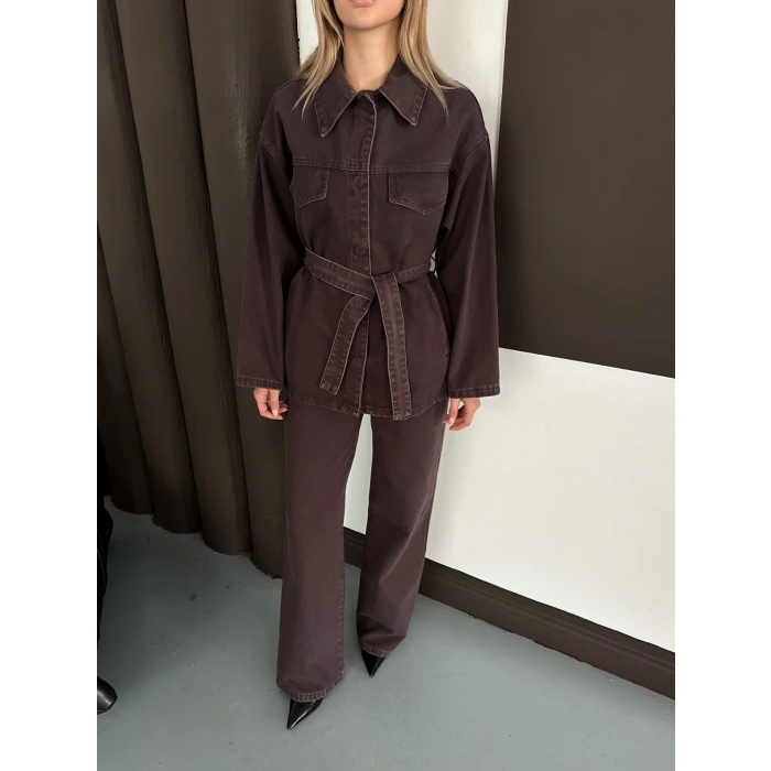 Bel Kuşaklı Denim İkili Set Takım Acı Kahve