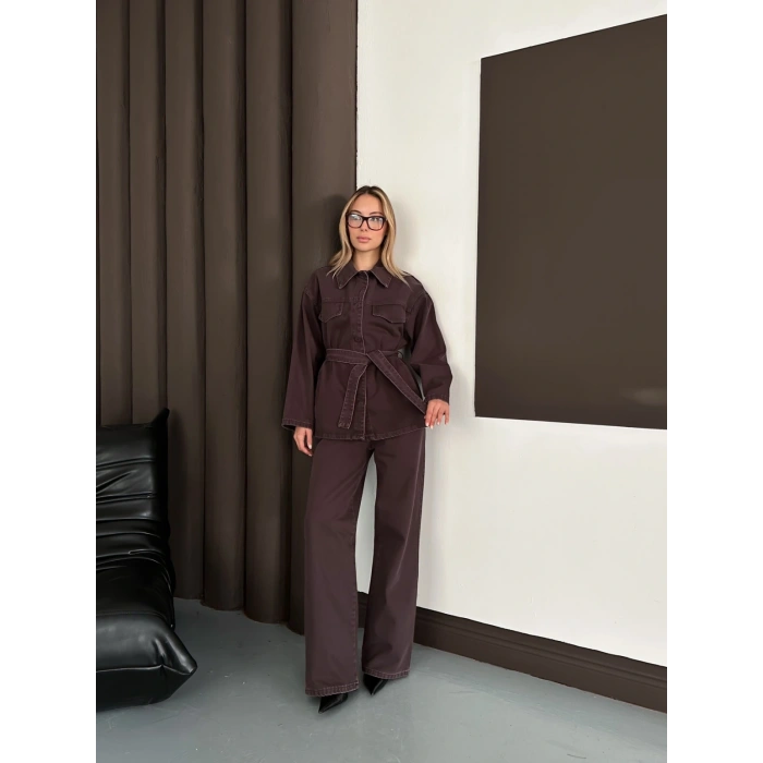 Bel Kuşaklı Denim İkili Set Takım Acı Kahve