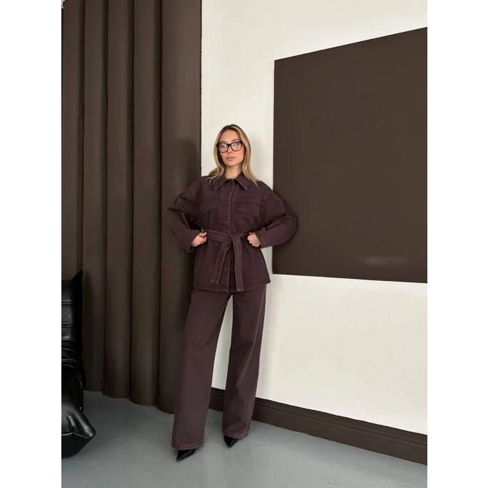 Bel Kuşaklı Denim İkili Set Takım Acı Kahve