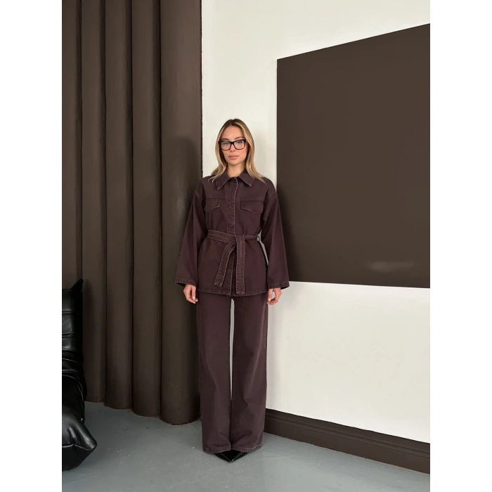 Bel Kuşaklı Denim İkili Set Takım Acı Kahve