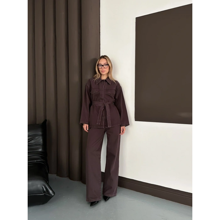 Bel Kuşaklı Denim İkili Set Takım Acı Kahve