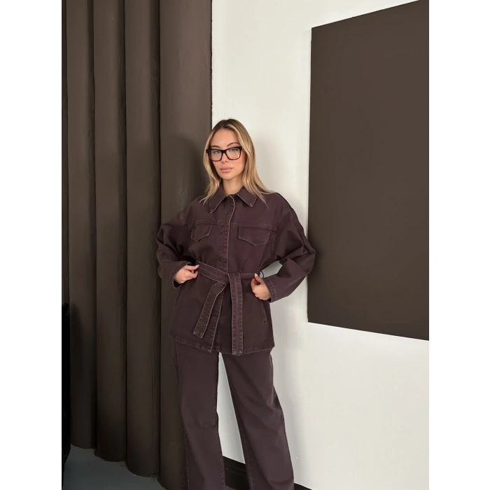 Bel Kuşaklı Denim İkili Set Takım Acı Kahve