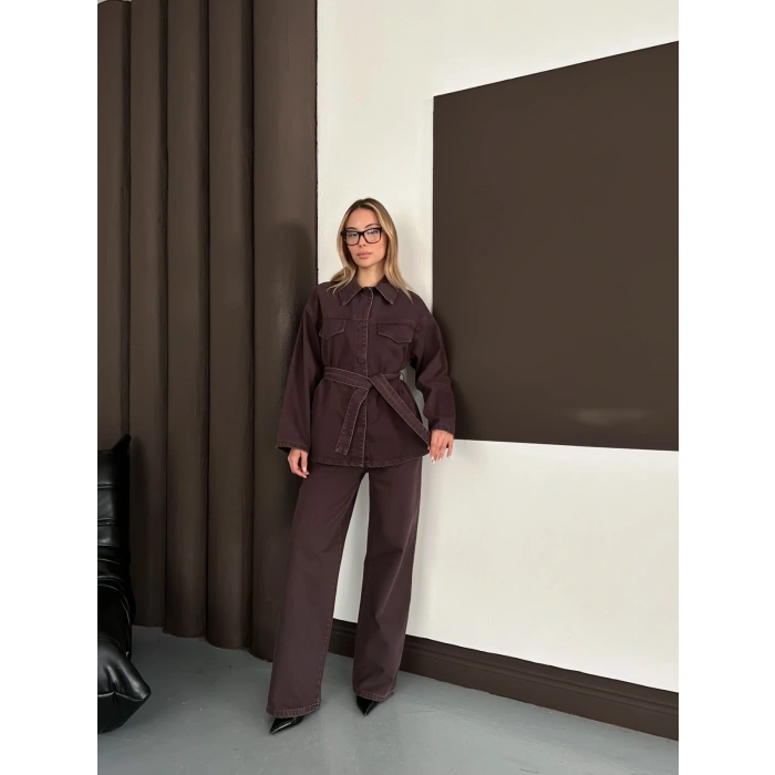 Bel Kuşaklı Denim İkili Set Takım Acı Kahve