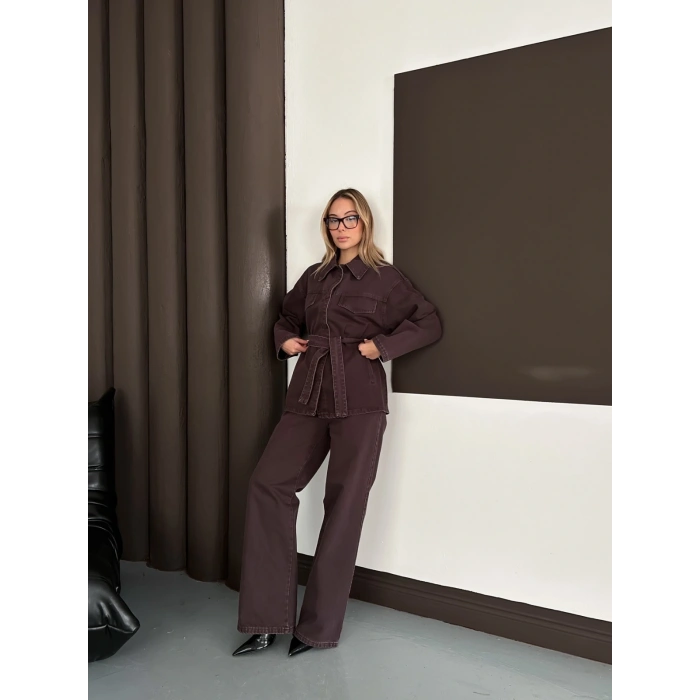 Bel Kuşaklı Denim İkili Set Takım Acı Kahve