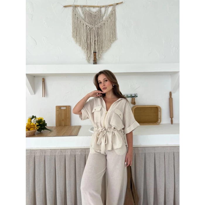Bel Kuşaklı Fermuarlı Keten Takım Bej