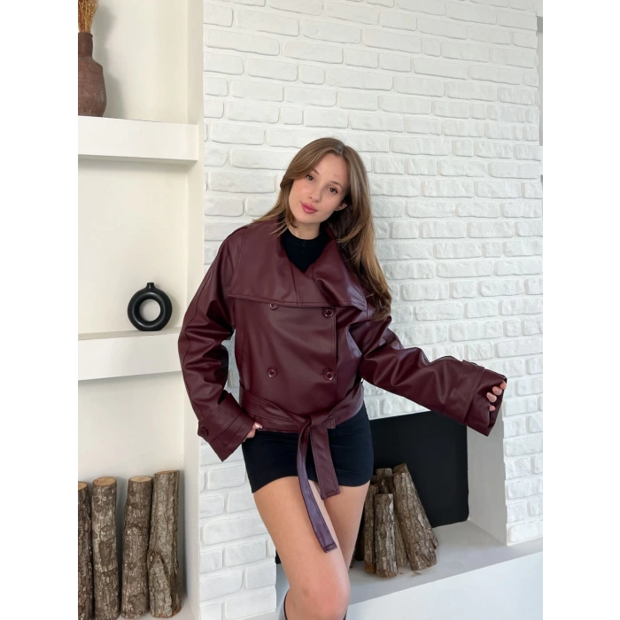 Bel Kuşaklı Kol Detaylı Deri Ceket Bordo