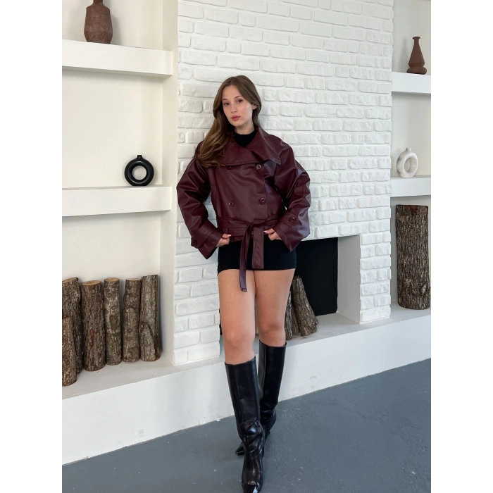 Bel Kuşaklı Kol Detaylı Deri Ceket Bordo