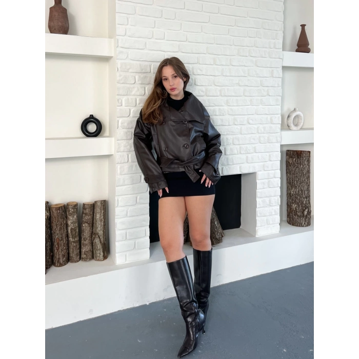 Bel Kuşaklı Kol Detaylı Deri Ceket Kahverengi