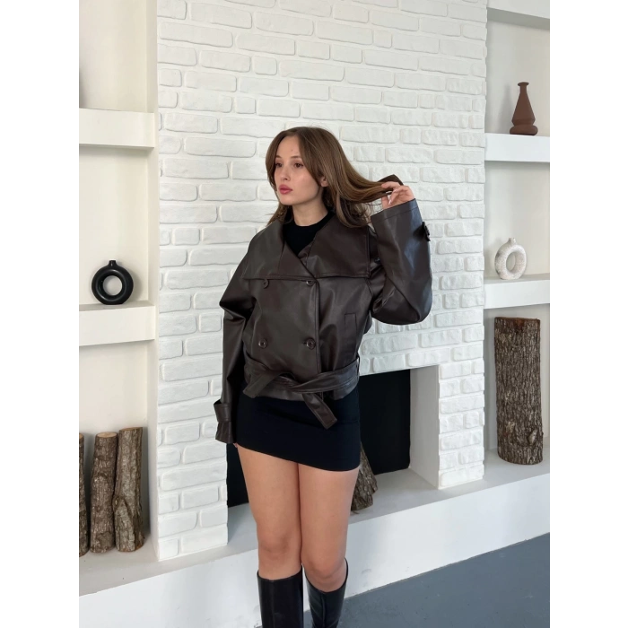 Bel Kuşaklı Kol Detaylı Deri Ceket Kahverengi