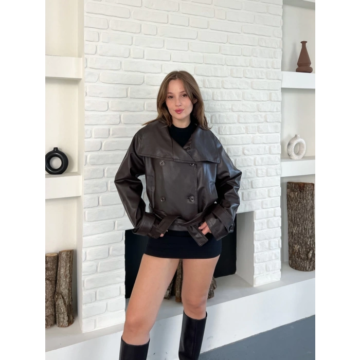 Bel Kuşaklı Kol Detaylı Deri Ceket Kahverengi