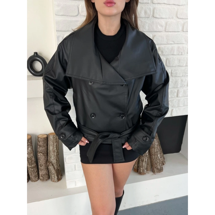 Bel Kuşaklı Kol Detaylı Deri Ceket Siyah