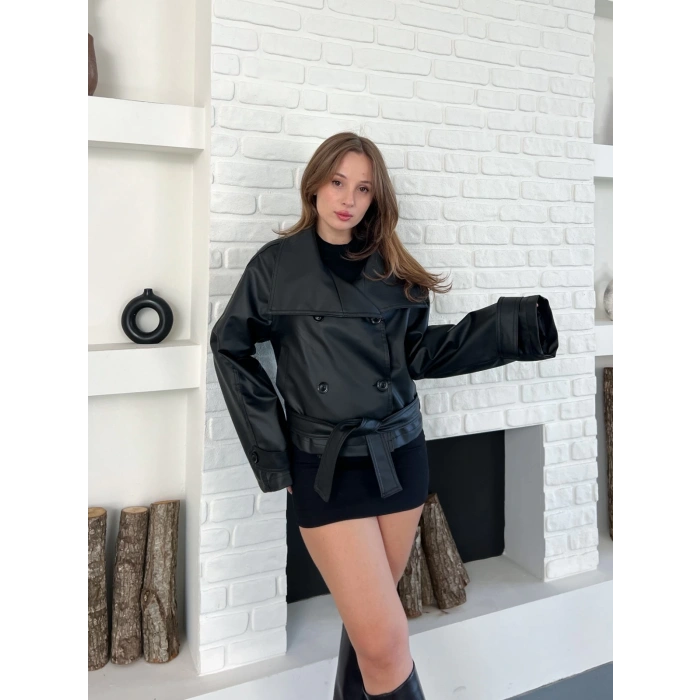 Bel Kuşaklı Kol Detaylı Deri Ceket Siyah
