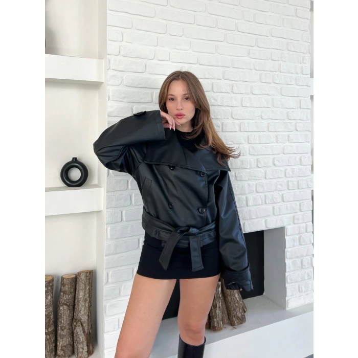 Bel Kuşaklı Kol Detaylı Deri Ceket Siyah